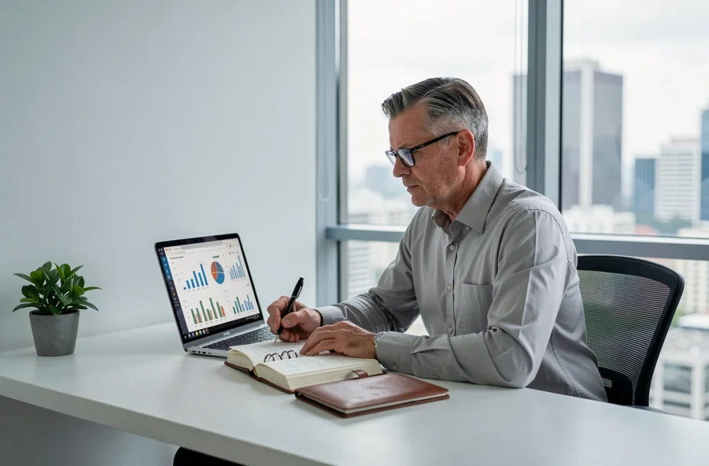 Homme d'affaires de 52 ans consultant des graphiques d'épargne retraite sur ordinateur portable dans un bureau moderne à domicile