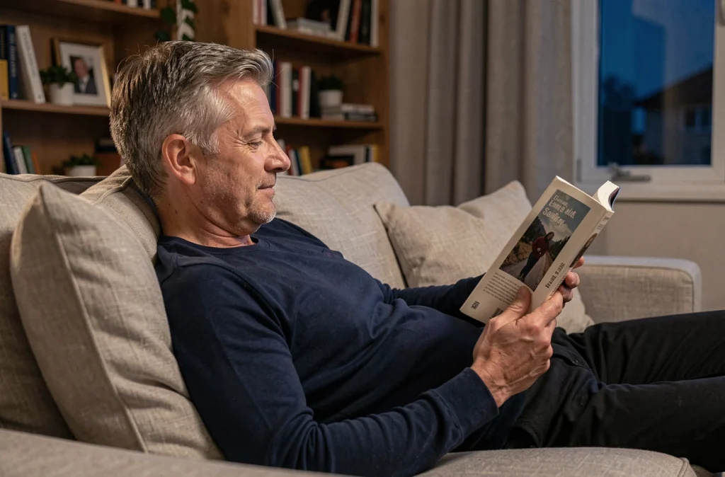 Homme lisant un livre papier le soir sur son canapé comme alternative aux écrans pour mieux dormir