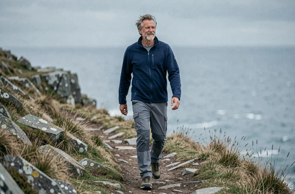 Homme d'une cinquantaine d'années marchant sur un sentier côtier au bord de la mer, symbole des effets positifs de la marche sur le bien-être mental