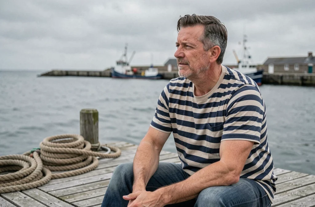 Homme en marinière bretonne assis sur un ponton en bois face à la mer en Bretagne