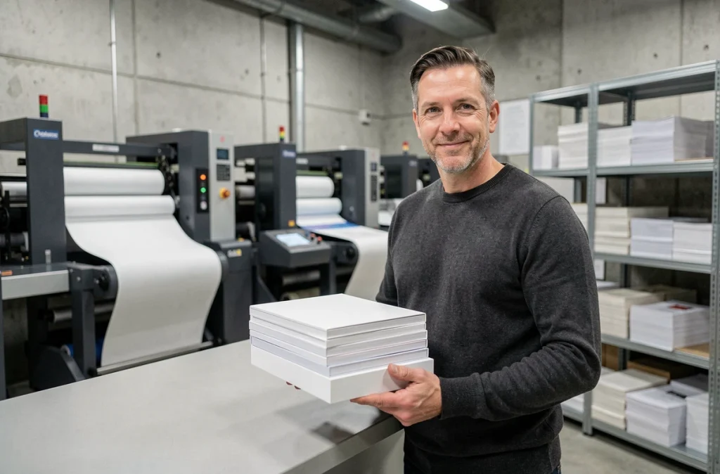 Homme tenant une pile de livres brochés dans un atelier d'impression à la demande moderne, illustrant le processus de fabrication en libre broché