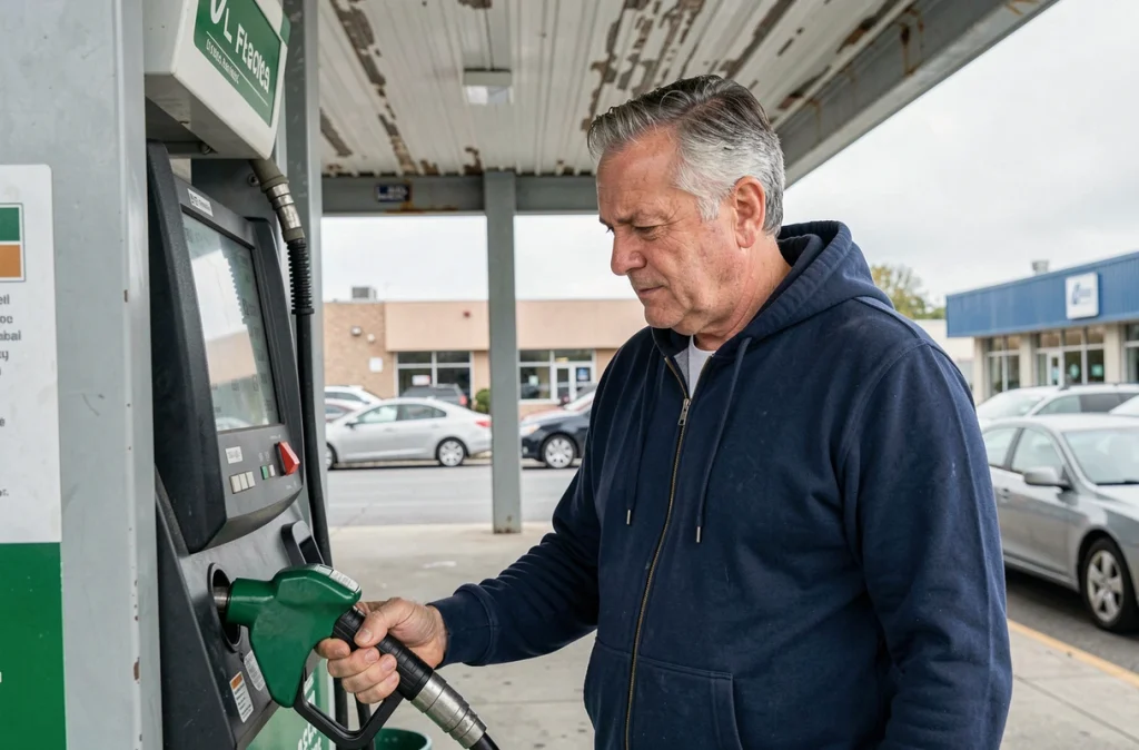 Homme faisant le plein de carburant avec attention pour surveiller sa consommation à la pompe