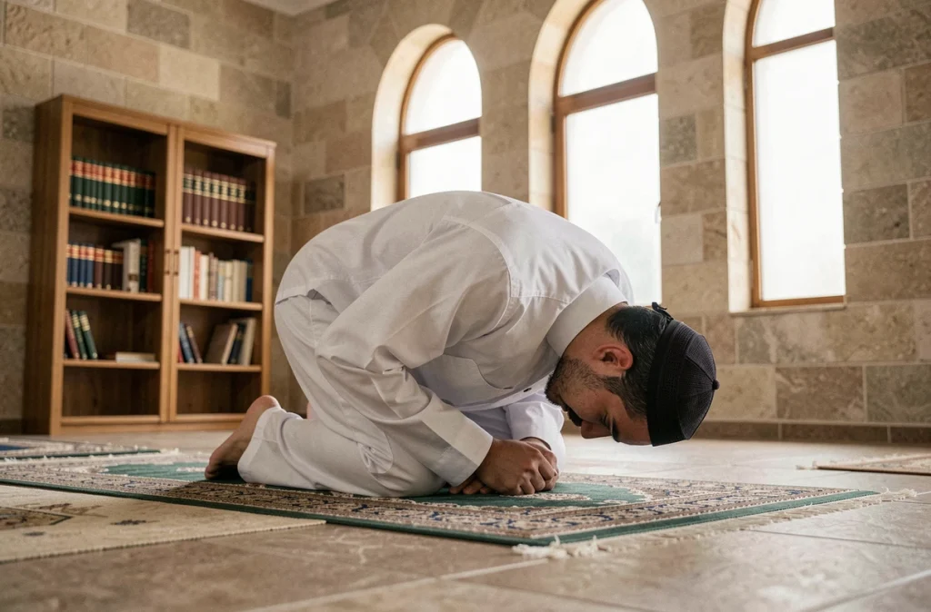 Jeune homme musulman en prosternation lors d'une prière de istikhara dans une mosquée calme et épurée