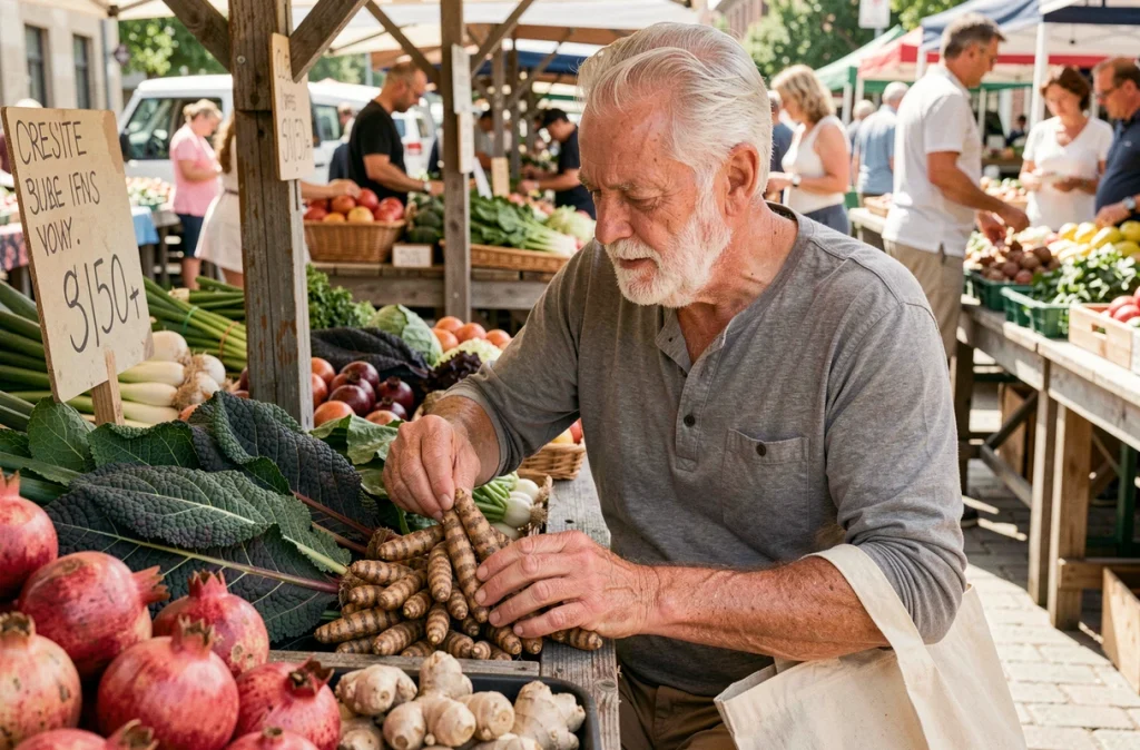Homme senior au marché fermier choisissant des aliments anti-inflammatoires comme le curcuma et le kale