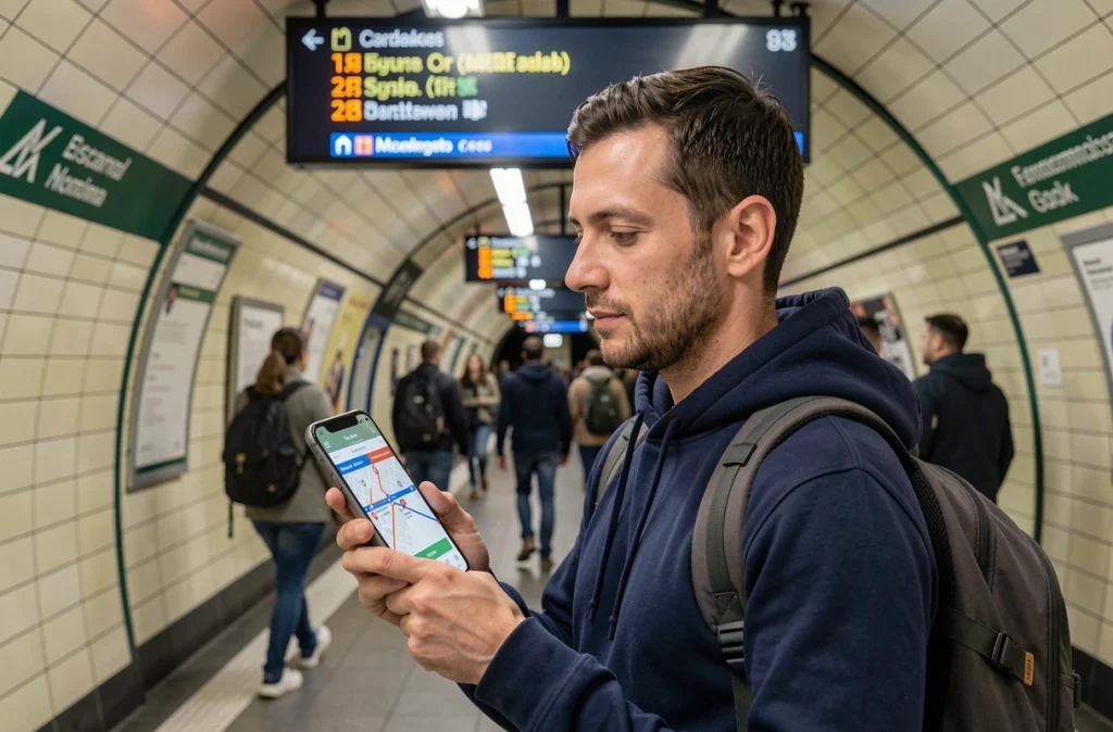 Homme consultant une carte personnalisée du métro parisien sur smartphone en station