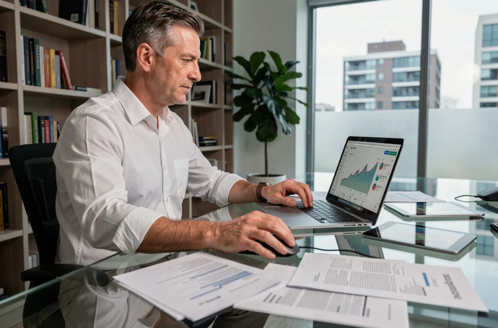 Homme analysant des tableaux de bord financiers sur ordinateur portable et tablette dans un bureau moderne à domicile