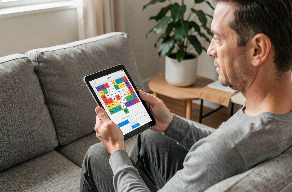 Homme utilisant une tablette pour jouer à CodyCross et entrer un mot de passe quotidien depuis son salon