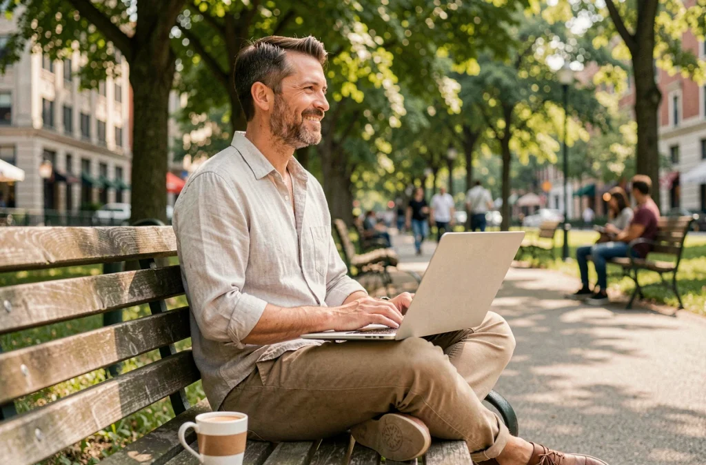 Homme professionnel travaillant sur un ordinateur portable dans un parc urbain lors d'un jour de repos de la semaine de quatre jours