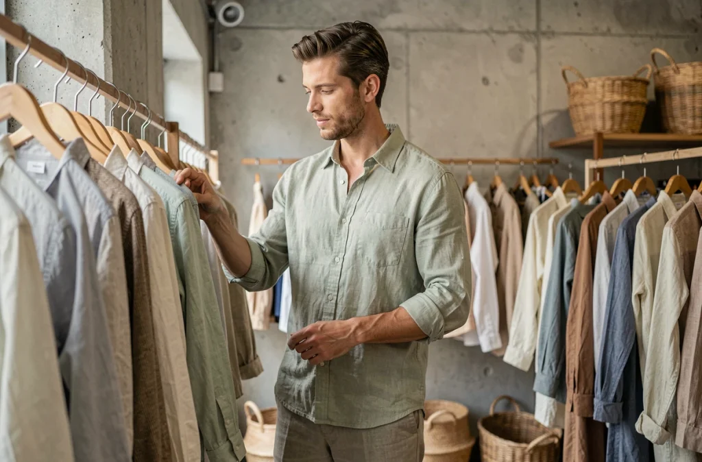 Homme en chemise et pantalon en lin vert sauge dans une boutique de mode minimaliste, mode masculine estivale en lin