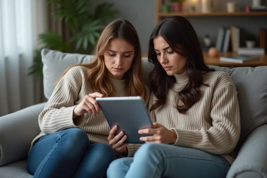Deux femmes analysant ensemble un profil en ligne suspect sur une tablette pour identifier une arnaque sentimentale grâce à une photo
