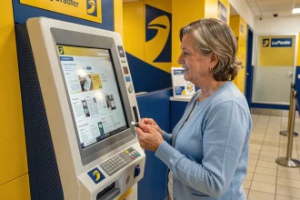 Femme utilisant une clé USB sur une borne libre-service La Poste pour imprimer un document