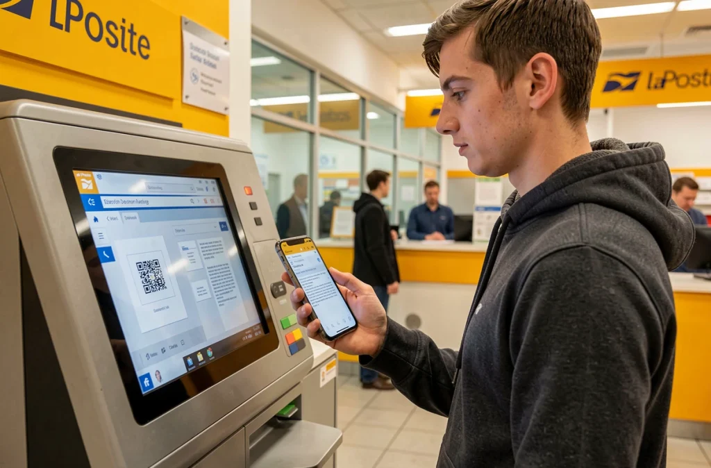 Jeune homme imprimant un document depuis un email sur une borne La Poste avec son smartphone