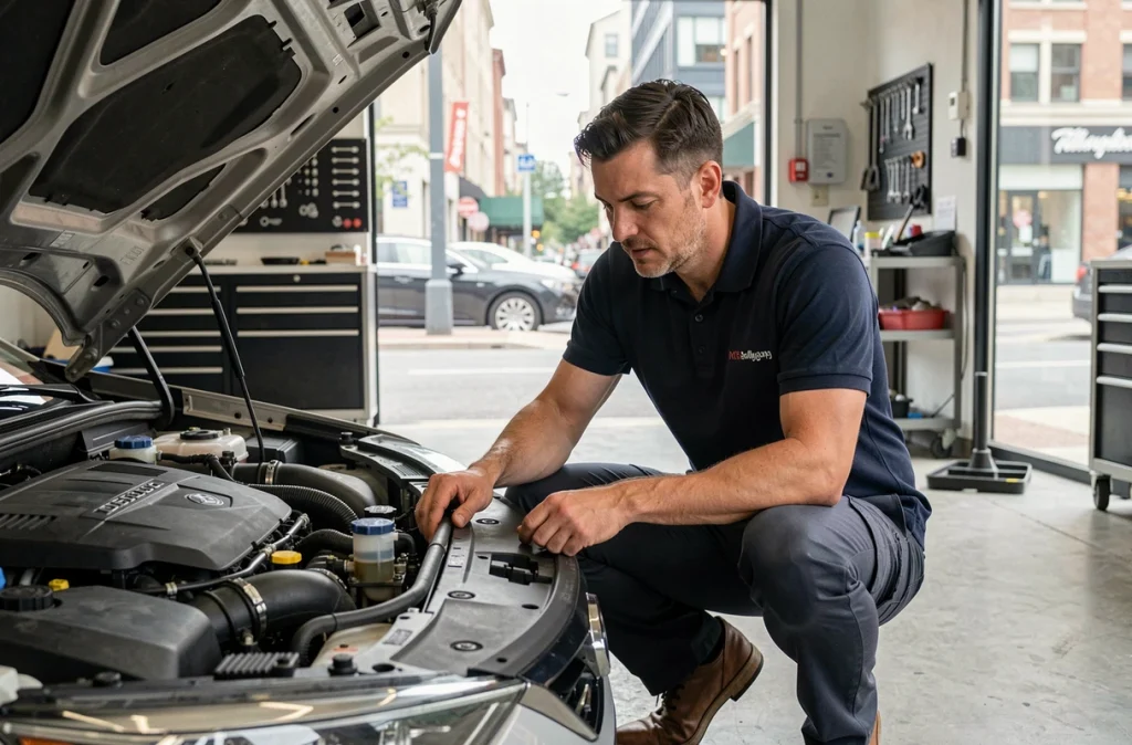 Ingénieur automobile inspectant le moteur hybride d'un véhicule dans un atelier urbain