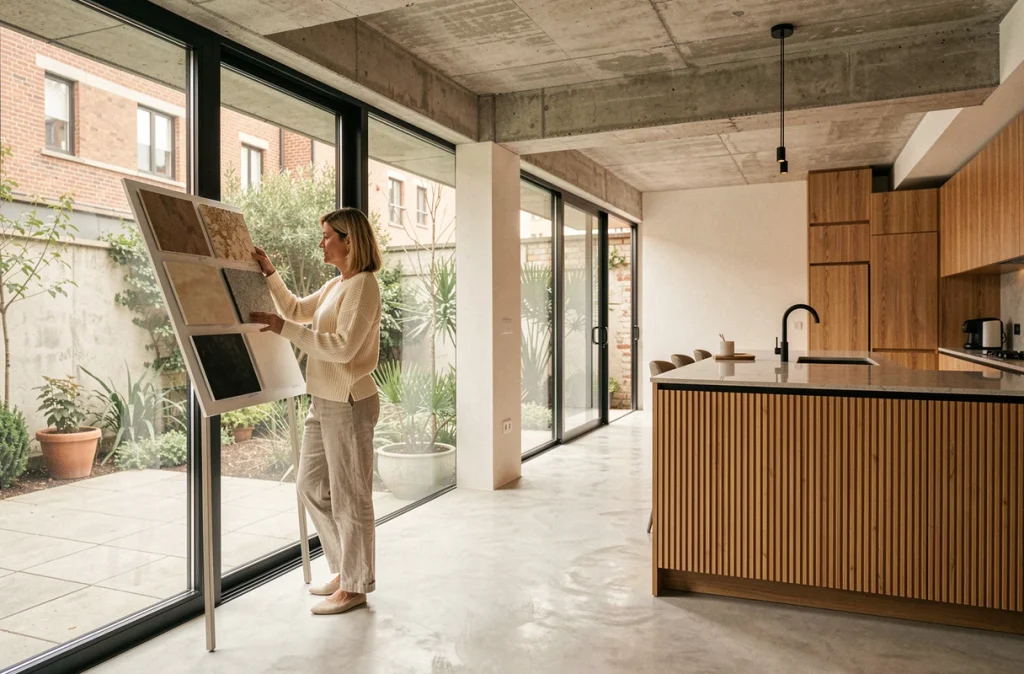 Intérieur d'un appartement neuf en programme immobilier avec béton brut, menuiseries bois et grandes baies vitrées