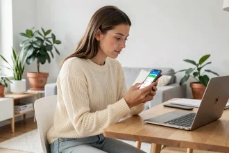 Jeune femme consultant une application d'épargne automatique sur son smartphone dans un appartement moderne et minimaliste