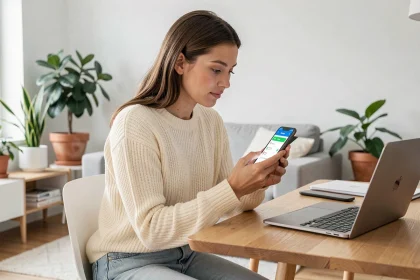 Jeune femme consultant une application d'épargne automatique sur son smartphone dans un appartement moderne et minimaliste