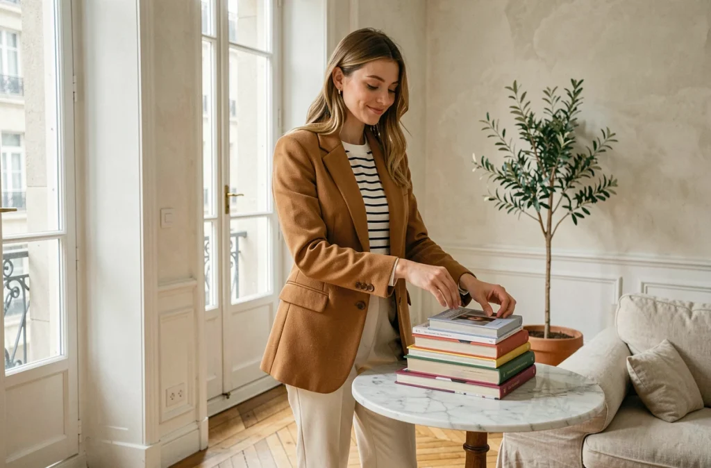 Jeune femme en marinière rayée et blazer camel dans un appartement parisien lumineux