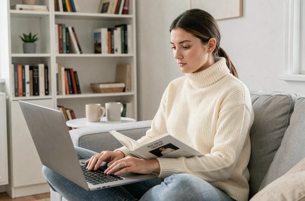 Jeune femme téléchargeant son fichier pour une impression à la demande en libre broché depuis son salon scandinave