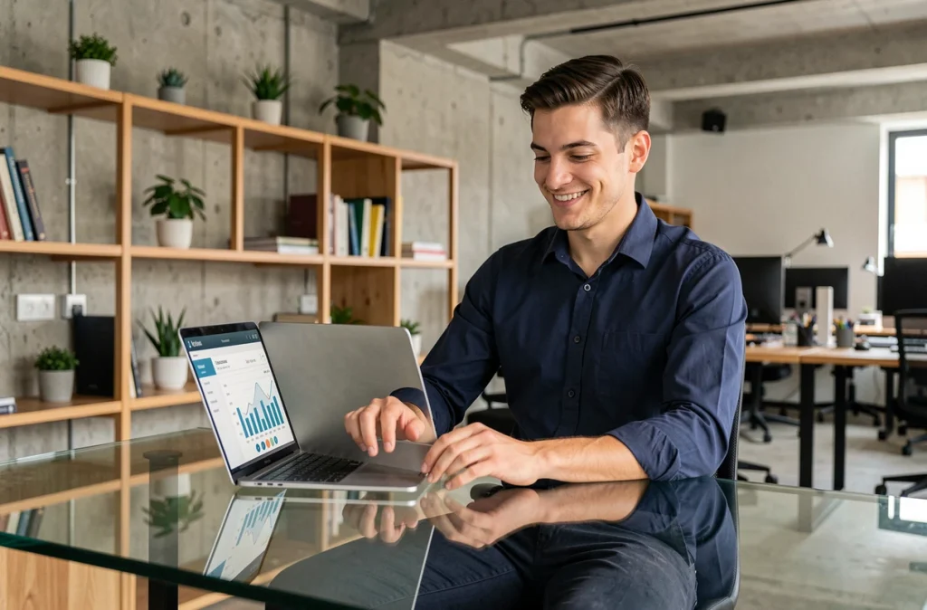 Jeune professionnel masculin analysant un tableau de bord d'épargne personnelle sur un ordinateur portable dans un espace de coworking moderne
