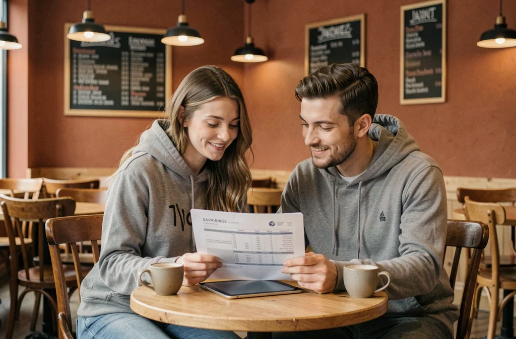 Deux jeunes actifs discutant ensemble d'un plan d'épargne automatique autour d'une tablette et de documents dans un café urbain