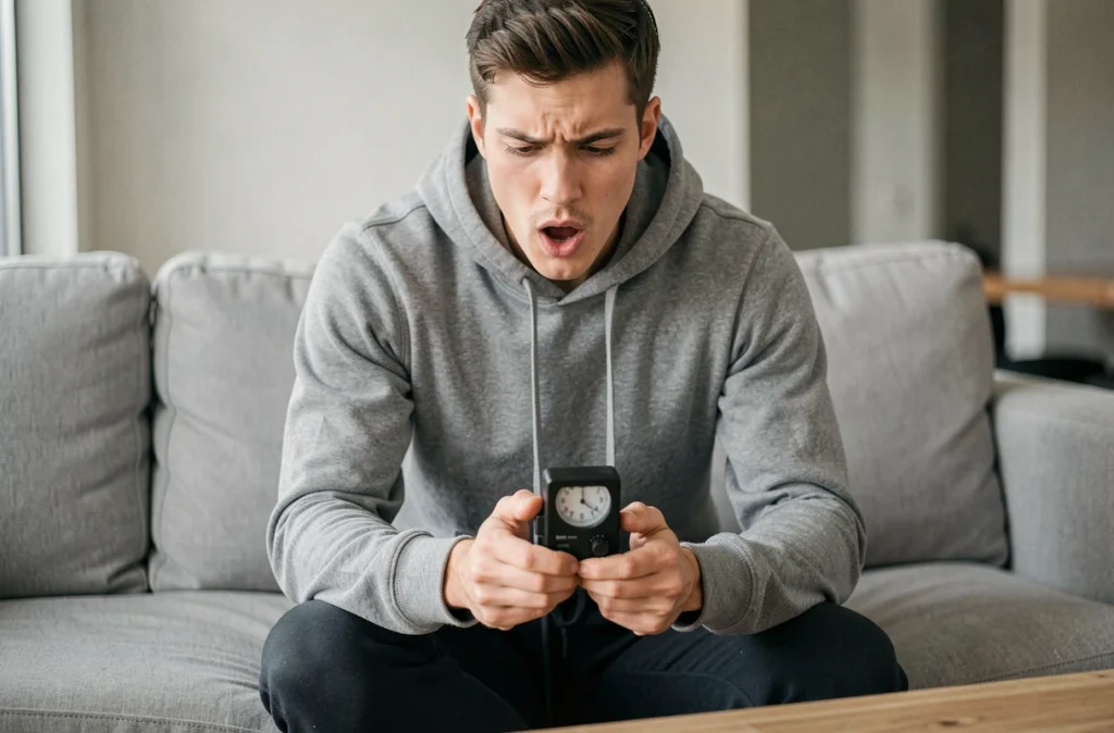 Jeune homme concentré tenant un minuteur lors d'une partie de jeu de la bombe, assis sur un canapé moderne