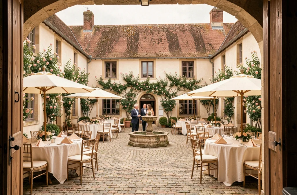 La Cour de Marius dans les Pays de la Loire, ancienne ferme reconvertie avec cour en pavés, rosiers grimpants et tables de mariage dressées sous des parasols crème autour d'une fontaine en pierre