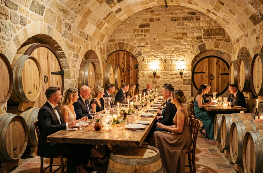 Le Gardien du Chai en Loire, chai viticole converti en salle de réception avec tables en bois massif, barriques de chêne décoratives et dîner en soirée aux chandelles
