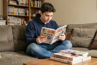 Jeune homme lisant un scan manga One Piece sur un canapé dans un appartement cosy entouré de volumes manga