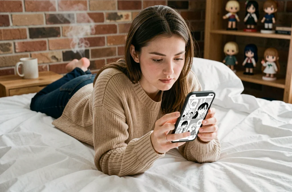 Jeune femme lisant un scantrad de Demon Slayer sur smartphone allongée sur son lit dans une chambre cosy