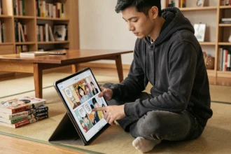 Jeune homme lisant Demon Slayer en scantrad sur une tablette dans un appartement moderne au style japonais