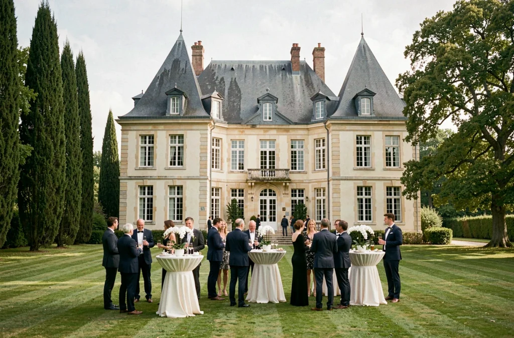 Manoir de Tourville, manoir du XVIIe siècle avec toiture en ardoise et terrasse de réception cocktail en plein air avec invités en tenue de soirée et orchidées blanches