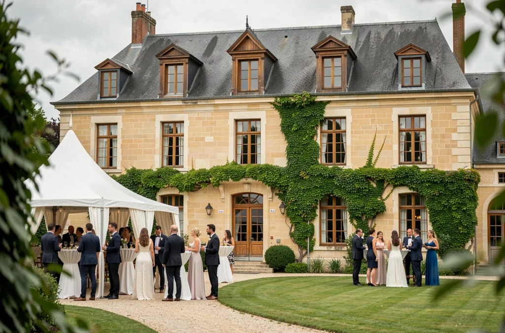Manoir Sainte Marie en Loire-Atlantique, bâtisse en pierre de tuffeau avec lierre grimpant et tente de réception blanche sur la pelouse pour un mariage