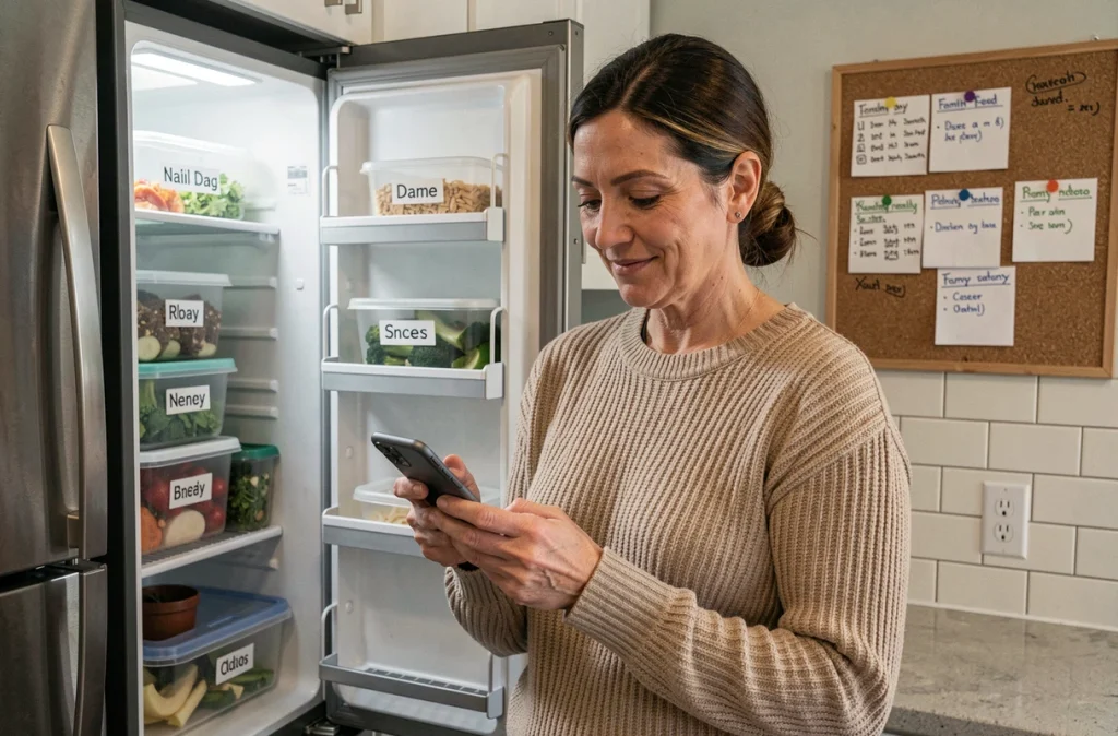 Femme consultant son téléphone devant un réfrigérateur bien organisé avec des repas préparés à l'avance, astuce de meal prep pour familles occupées
