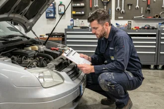 Mécanicien automobile inspectant le compartiment moteur d'une berline lors d'une révision complète en atelier