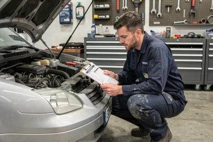 Mécanicien automobile inspectant le compartiment moteur d'une berline lors d'une révision complète en atelier