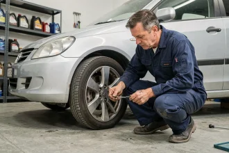 Mécanicien inspectant la profondeur des pneus d'une berline avant un contrôle technique