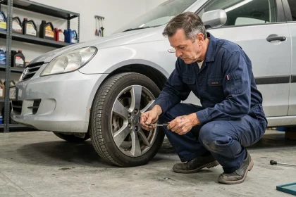 Mécanicien inspectant la profondeur des pneus d'une berline avant un contrôle technique