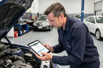 Mécanicien analysant les données connectées d'une voiture d'occasion sur une tablette dans un garage automobile