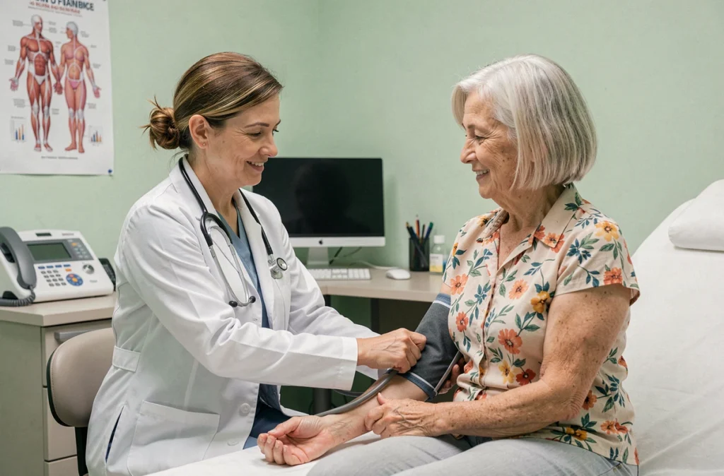 Médecin mesurant la tension artérielle d'une patiente lors d'une consultation médicale