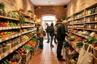 Vue panoramique d'un marché bio à Marseille avec des rayons colorés de fruits et légumes frais et des clients qui font leurs courses
