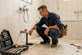 Plombier d'urgence intervenant sur une fuite d'eau dans une salle de bain en Côte-d'Or