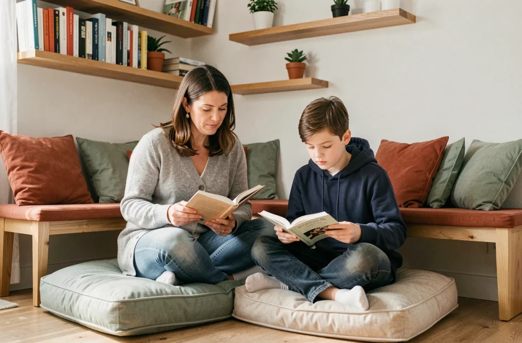 Mère et adolescent lisant ensemble dans un coin lecture du salon avec coussins et étagères décoratives