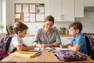 Mère organisant la rentrée scolaire avec ses trois enfants autour d'une table de cuisine, entourés de fournitures scolaires et d'un planning familial
