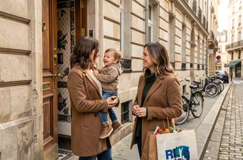 Deux mères en colocation arrivant ensemble dans un immeuble parisien avec enfant et courses