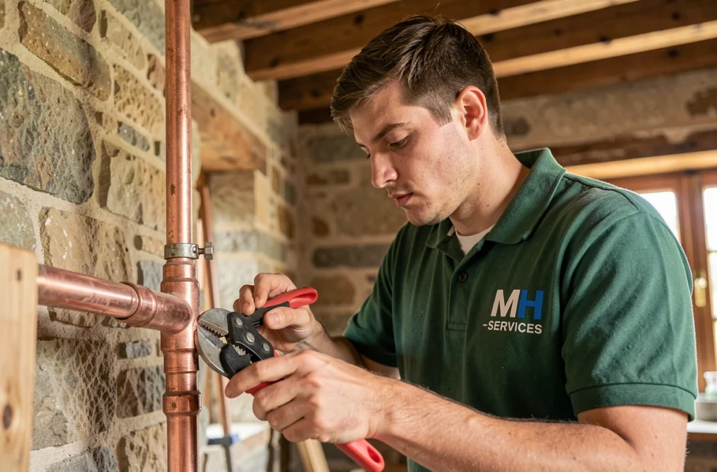 Artisan polyvalent MH-Services Humberset Matthias posant une tuyauterie en cuivre à Arcenant
