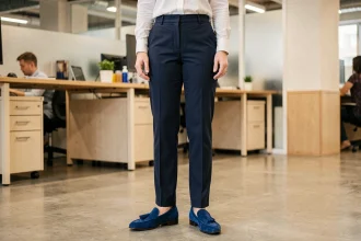 Femme en tenue de bureau portant des mocassins en daim bleu cobalt avec un pantalon marine, dans un open space moderne
