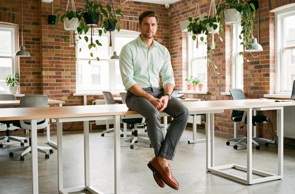 Homme en chinos gris et mocassins en cuir terracotta assis sur un bureau dans un espace de coworking avec murs en briques