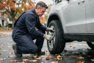 Mécanicien montant un pneu hiver sur un SUV en automne avant la saison froide