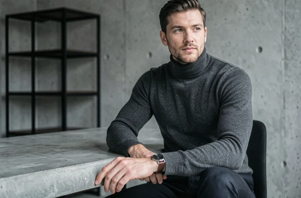 Homme portant une montre minimaliste argentée avec un col roulé gris anthracite dans un studio urbain en béton