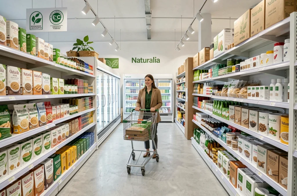 Femme faisant ses courses bio dans le supermarché Naturalia à Marseille avec des rayons bien organisés